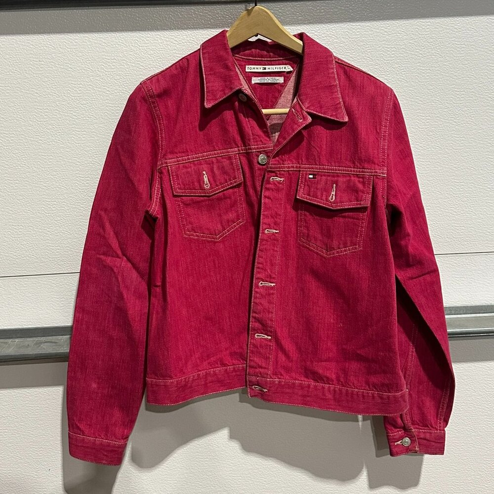 Tommy Hilfiger Pink Denim Jacket Vintage Y2K Cropped Cotton Trucker Style